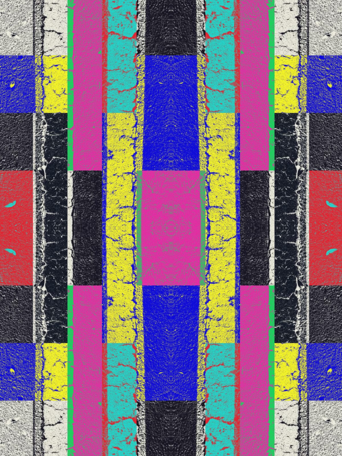 Street markings, four-way mirrored and blended with a multicolored pattern into vertical stripes