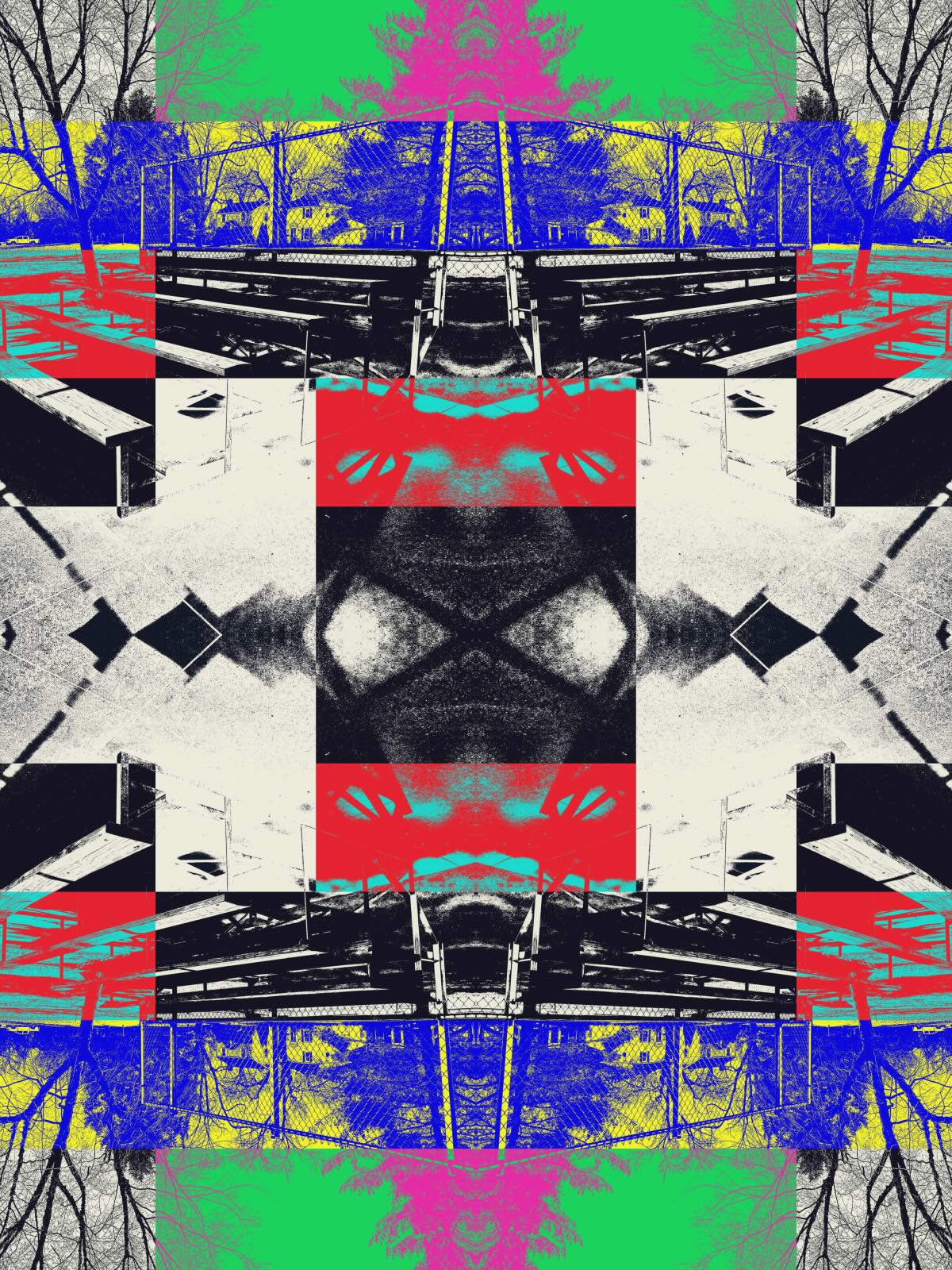 Four-way mirrored bleachers blended with a multicolored pattern into a kaleidoscopic design