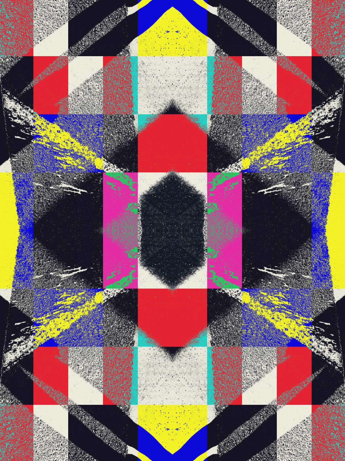 A person's shadow on a sidewalk, four-way mirrored into a graphic, quilt-like pattern