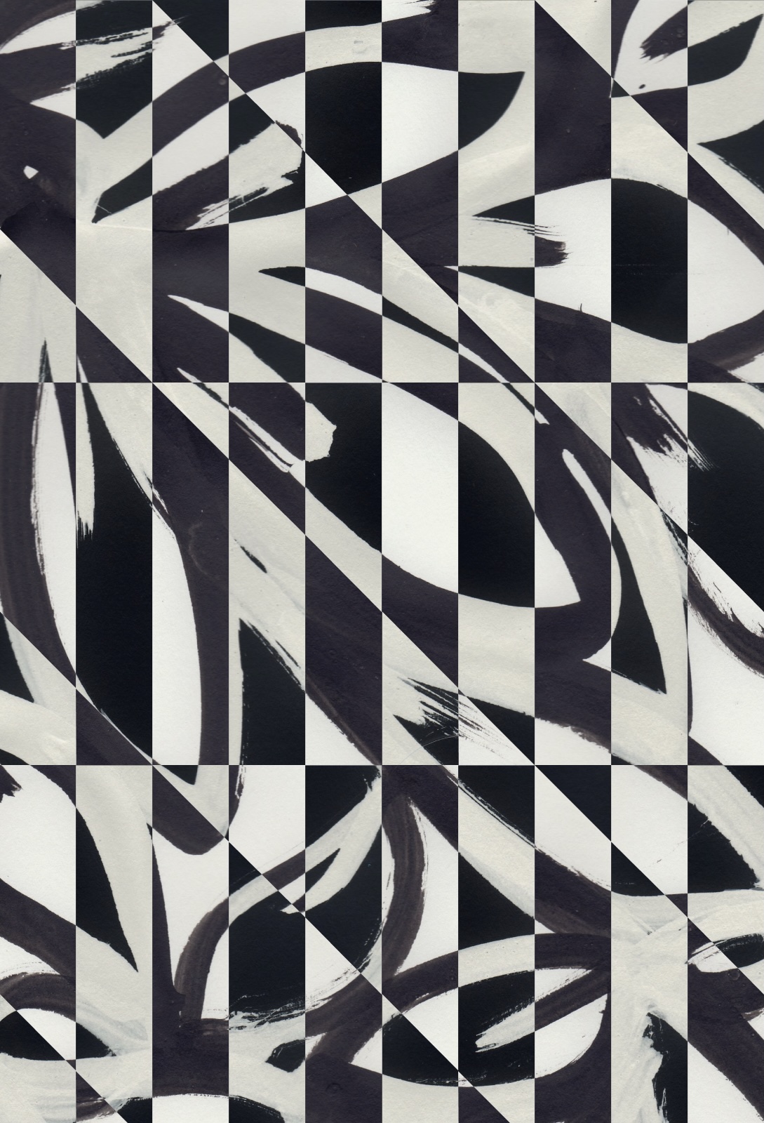Ink drawing of leaves layered with a bold geometric pattern, the two merging into a fragmented tiles.