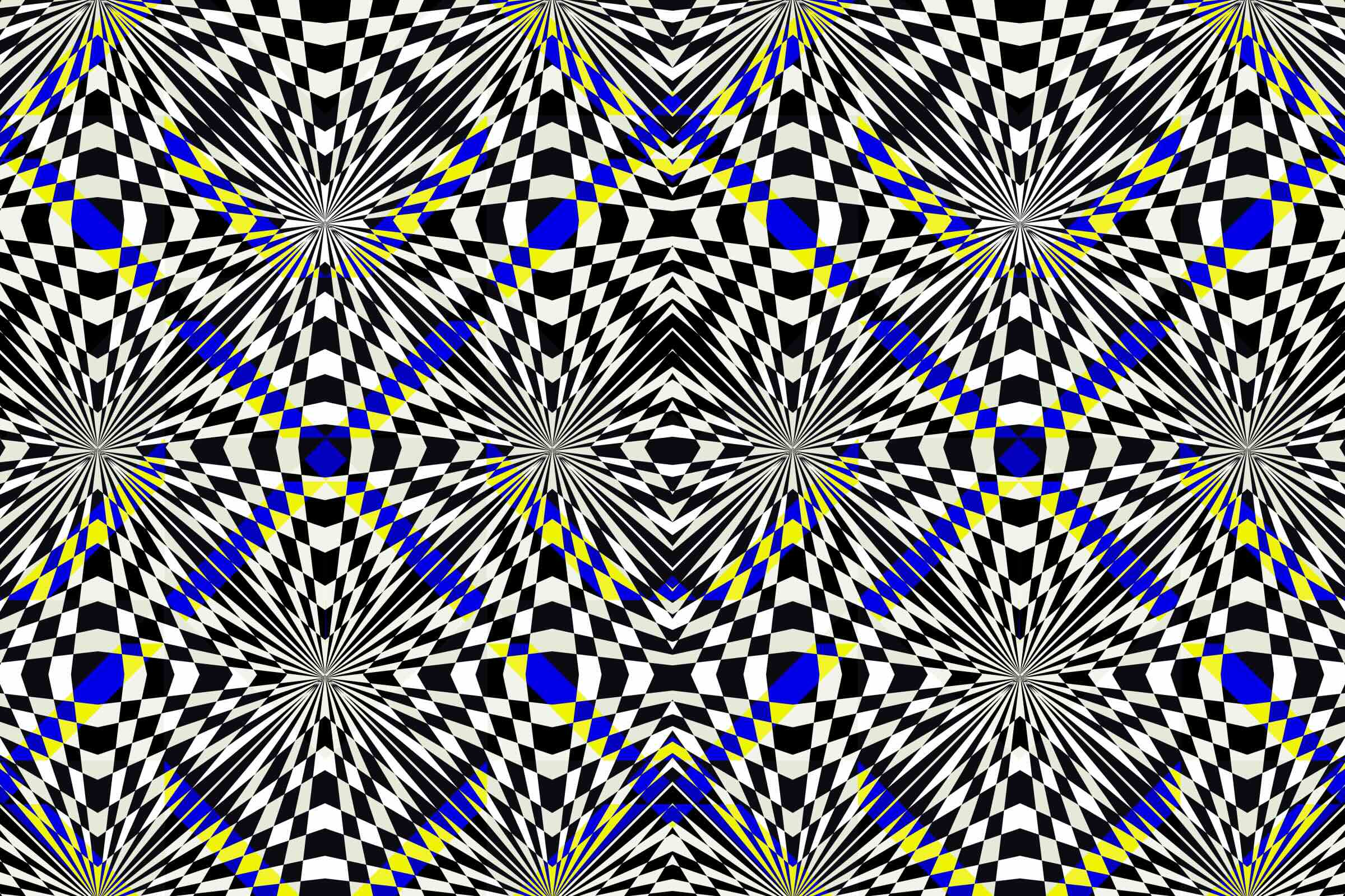 Black, white, blue and yellow patterns creating a sense of optical movement