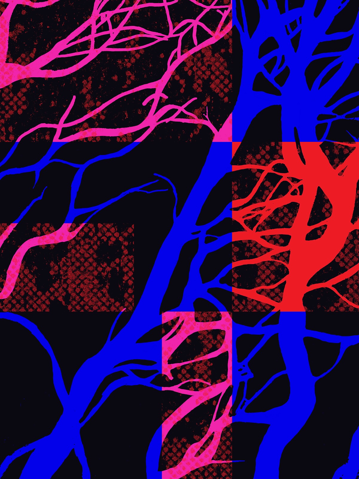 Tree branches abstracted into colored limbs intersecting with rectangular shapes
