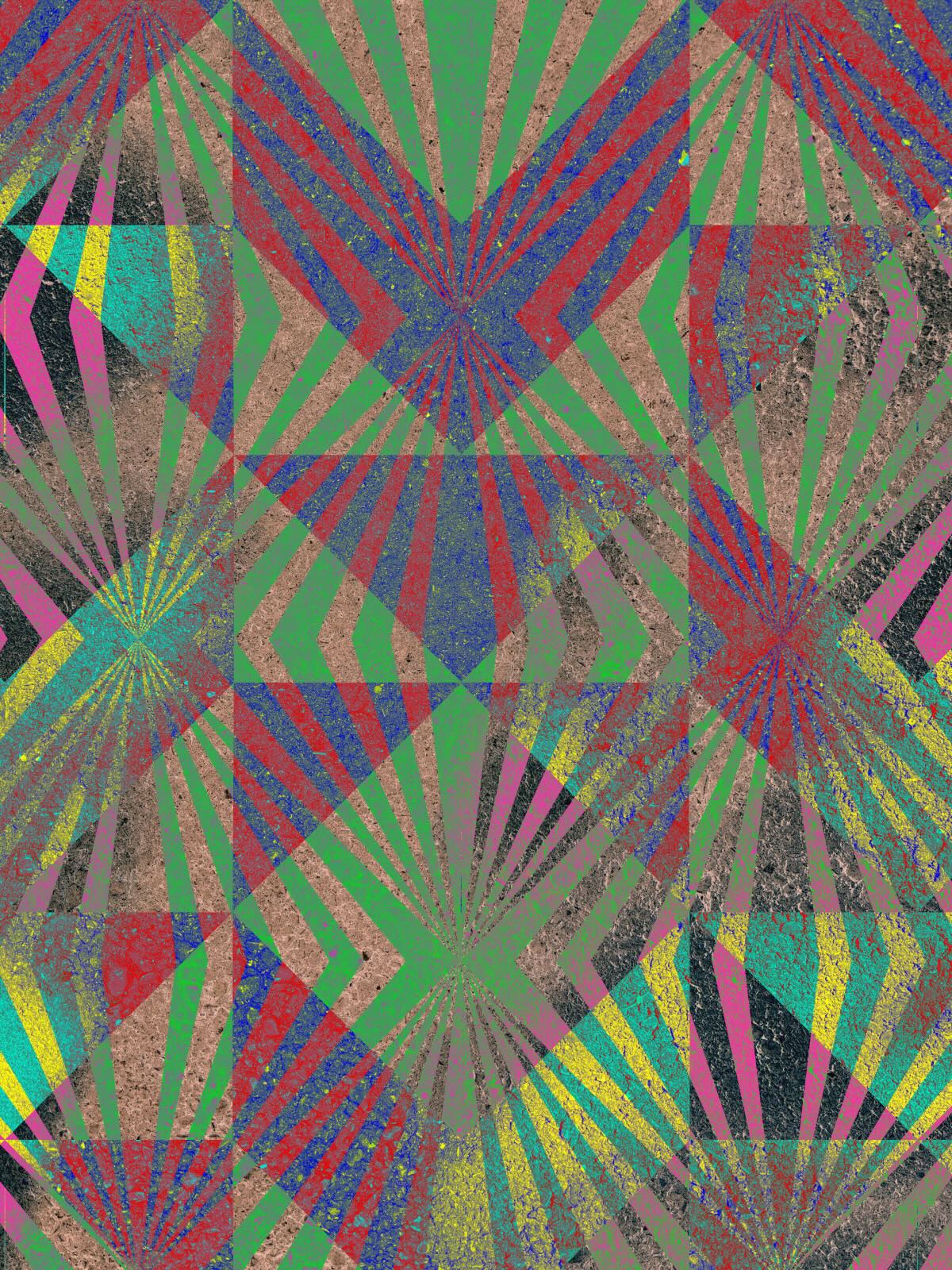 Two patterns layered over a sidewalk texture, forming a multicolored, dimensional surface