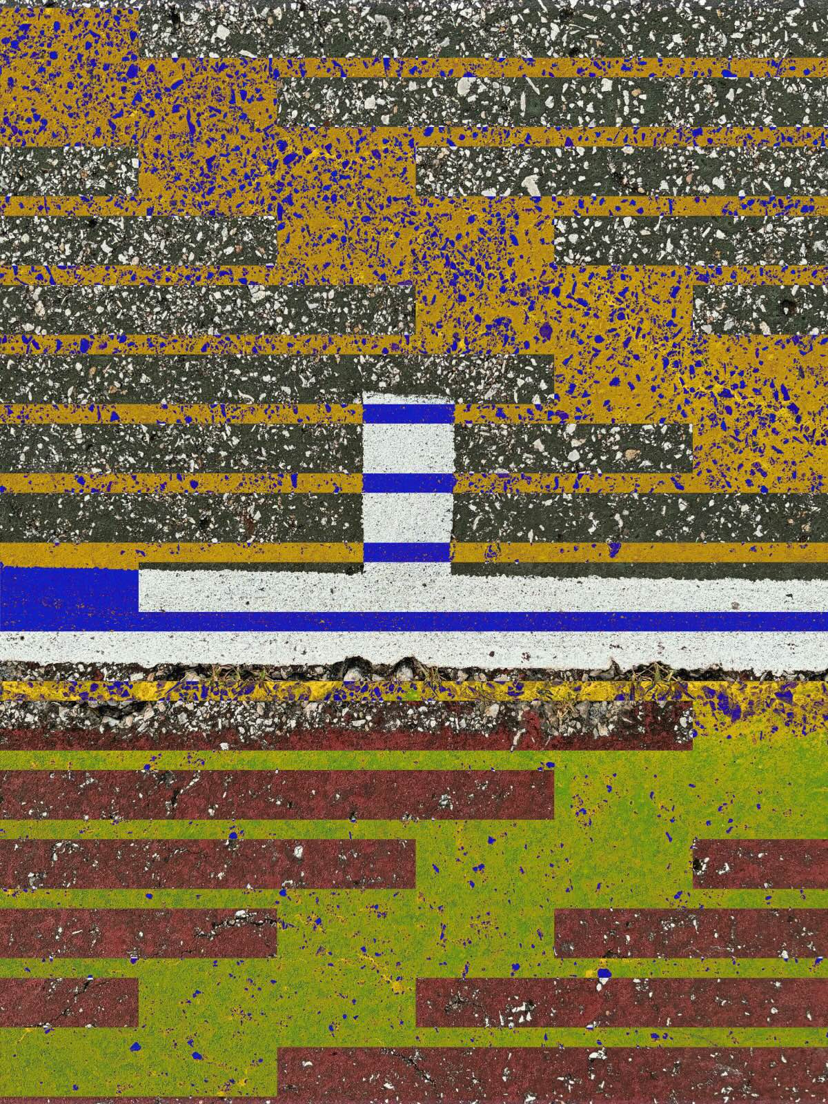 Close-up of painted street markings layered with a graphic pattern, forming a new visual language