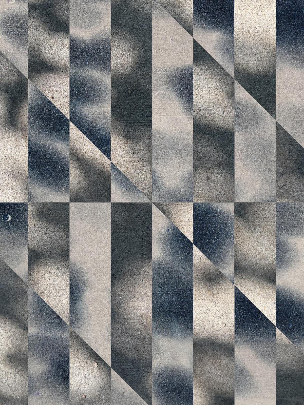 Soft shadows on concrete sliced into vertical strips and diagonal cuts, creating a pleated, folded effect.